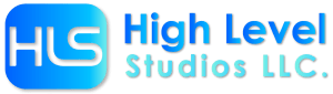 Logo of High Level Studios LLC in gradient blue text on transparent background.