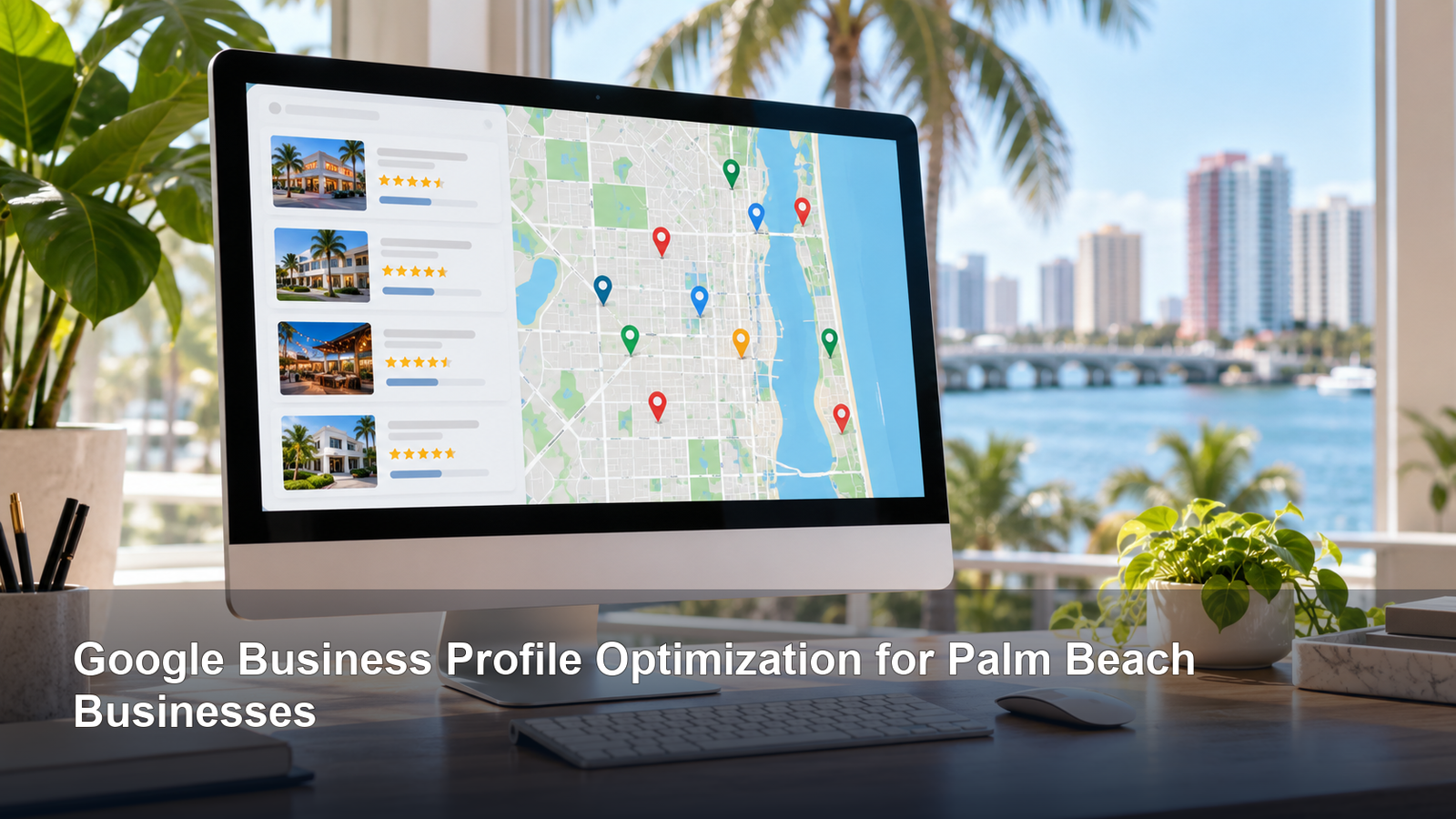 Local search dashboard with business listings and map pins on a monitor overlooking the Palm Beach waterfront