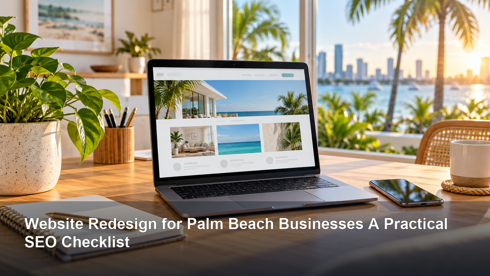 Laptop displaying a website layout on a sunlit desk overlooking palm trees and the waterfront